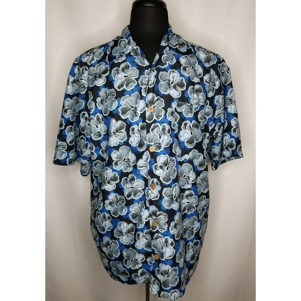 Anchor Blue Men Large Short Sleeve Casual Dress Shirt Blue Camp Cool Hawaiian